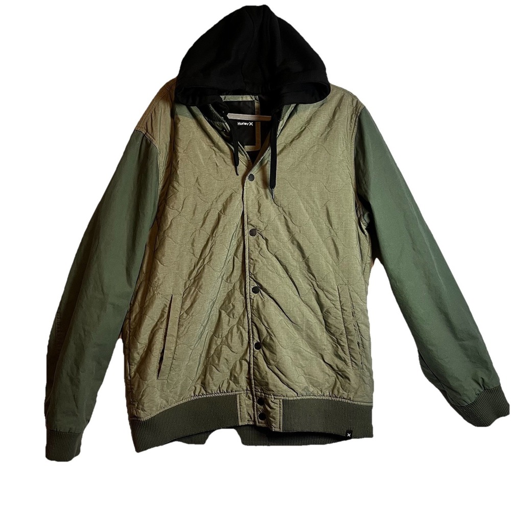 Hurley XL Olive Green Varsity Bomber Quilted Lined Hooded Jacket Y2K Santa Cruz